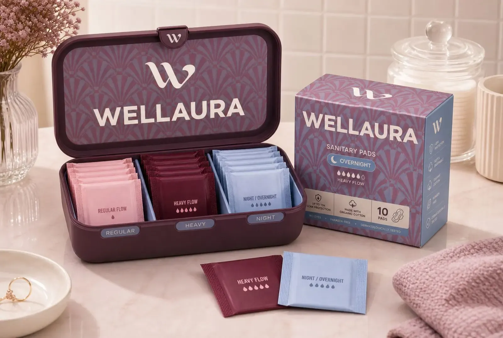 La boîte de rangement Wellaura ouverte, ses trois compartiments « Regular », « Heavy » et « Night » garnis de sachets, à côté de la boîte de protections périodiques, dans une salle de bain claire.