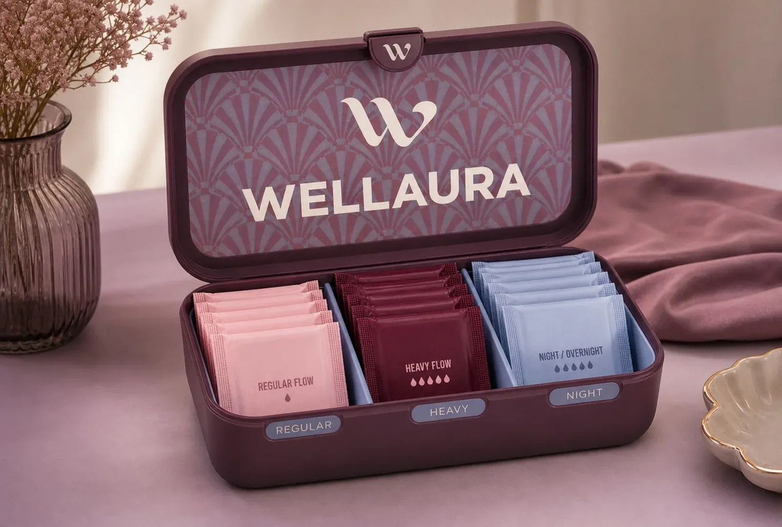 Gros plan sur la boîte de rangement Wellaura ouverte : le monogramme W et le motif signature à l'intérieur du couvercle, au-dessus des sachets rangés par compartiment.
