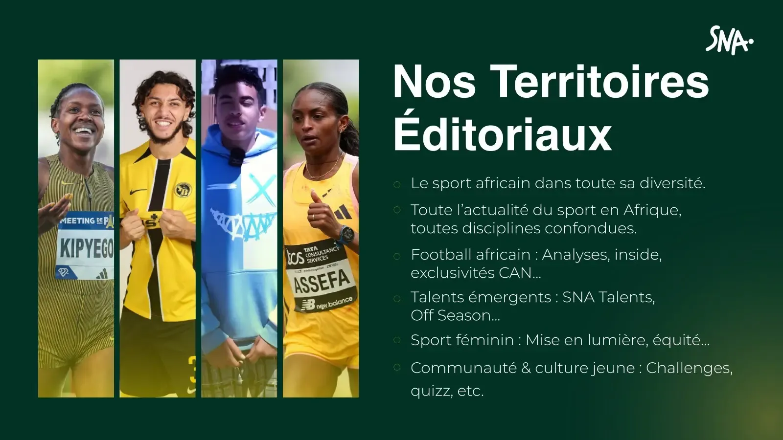 Slide « Nos Territoires Éditoriaux » : quatre portraits d'athlètes et une liste de six thématiques couvertes par le média.