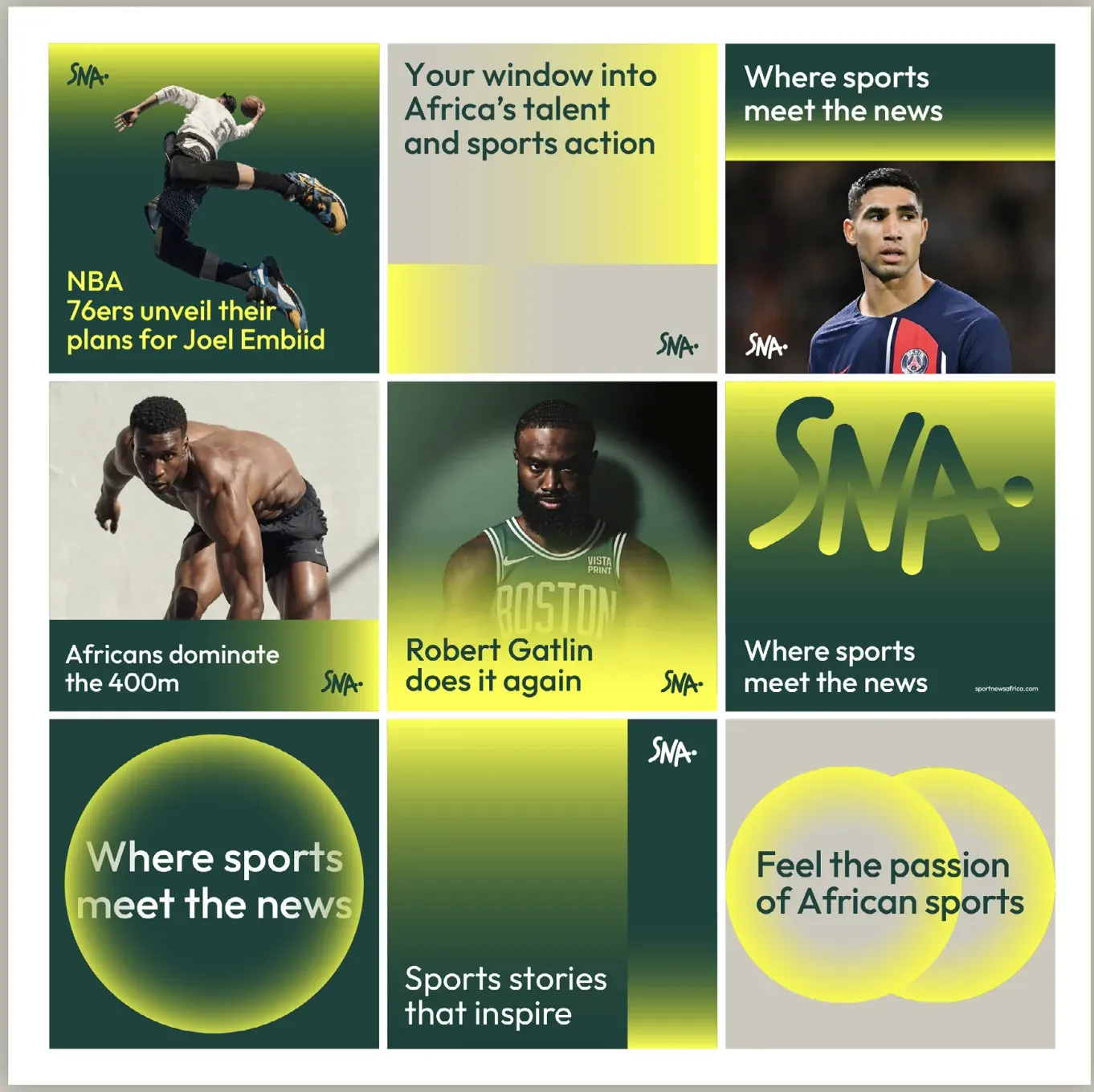 Grille de neuf publications Instagram de Sport News Africa : mêmes verts profonds et jaunes, portraits de joueurs découpés et accroches courtes d'un visuel à l'autre.